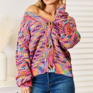 NEW Woven Right Multicolor Rainbow Ribbed Knit Grandpa Style Cardigan Sweater